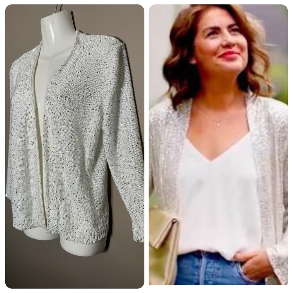 HOLIDAY ready NWT Jones New York White Sequin Open Cardigan Medium